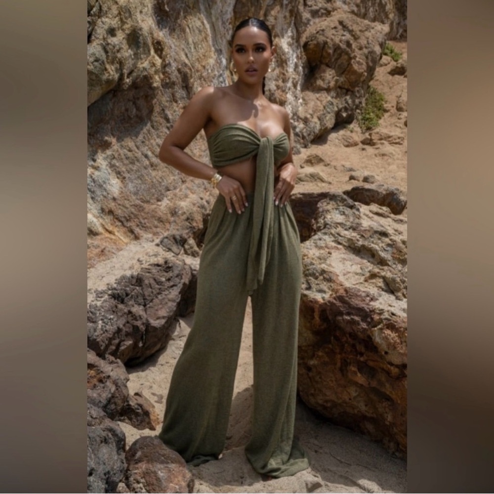 Jluxlabel Olive Strapless Tie-Front Wide-Leg two piece Arya set